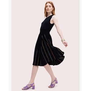 Kate Spade Black Scallop Neck Rainbow Pleated Knit Midi Dress Large NJMU9303